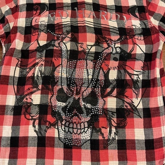 Don Ed Hardy Men's Skull Beaded Button Down Plaid Shirt Size Small - Picture 6 of 8
